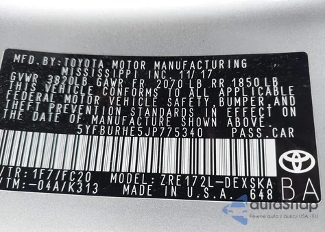 2018 Toyota Corolla L/Le/Xle/Se/Xse from USA, damaged, VIN 5YFBURHE5JP775340